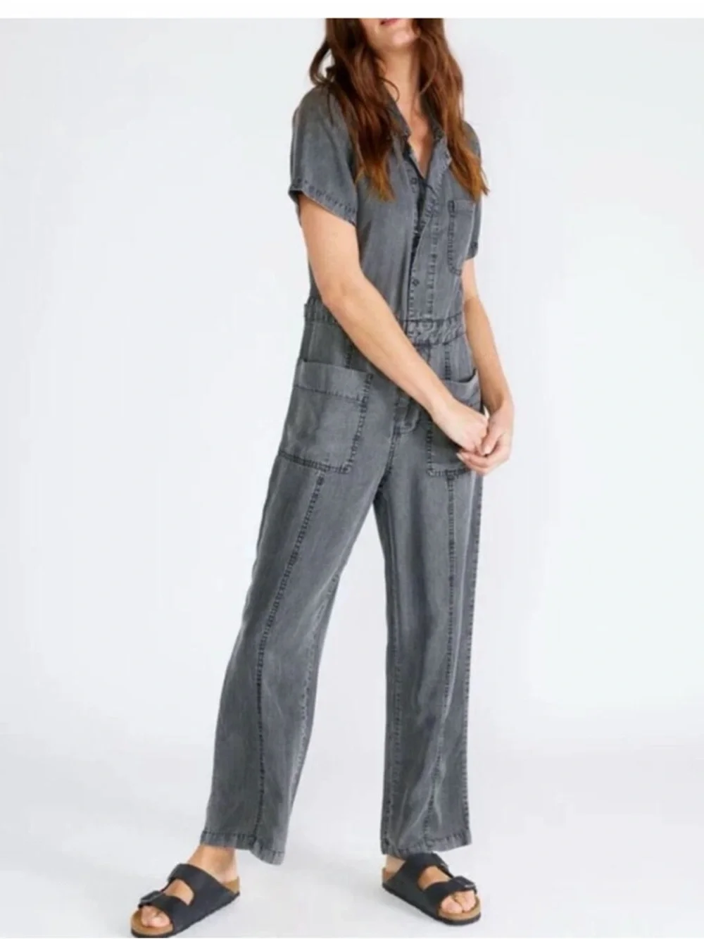Zara 100%‎ Linen Washed Gray Short-Sleeve Utility Jumpsuit Medium